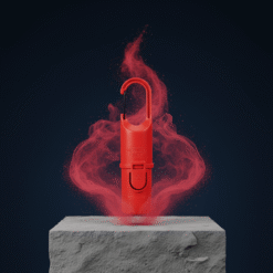 Protector solar Nomad Face Red Mars flotando entre polvo rojo, diseño robusto y cápsula outdoor recargable.