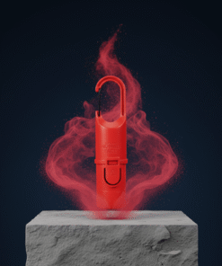 Protector solar Nomad Face Red Mars flotando entre polvo rojo, diseño robusto y cápsula outdoor recargable.