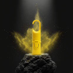 Nomad Face Bunker Yellow Sunrise – protector solar extremo SPF50+ sobre roca volcánica, símbolo de energía y resistencia solar.