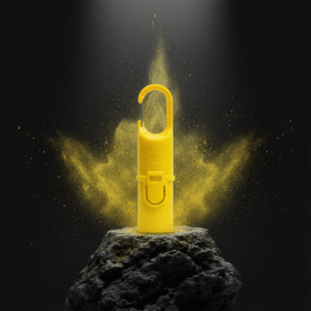 Nomad Face Bunker Yellow Sunrise – protector solar extremo SPF50+ sobre roca volcánica, símbolo de energía y resistencia solar.