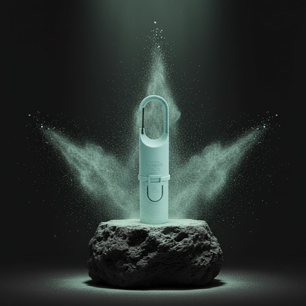 "Protector solar Nomad Face Blue Arctic – envase técnico con clip mosquetón, diseñado para condiciones extremas de montaña."