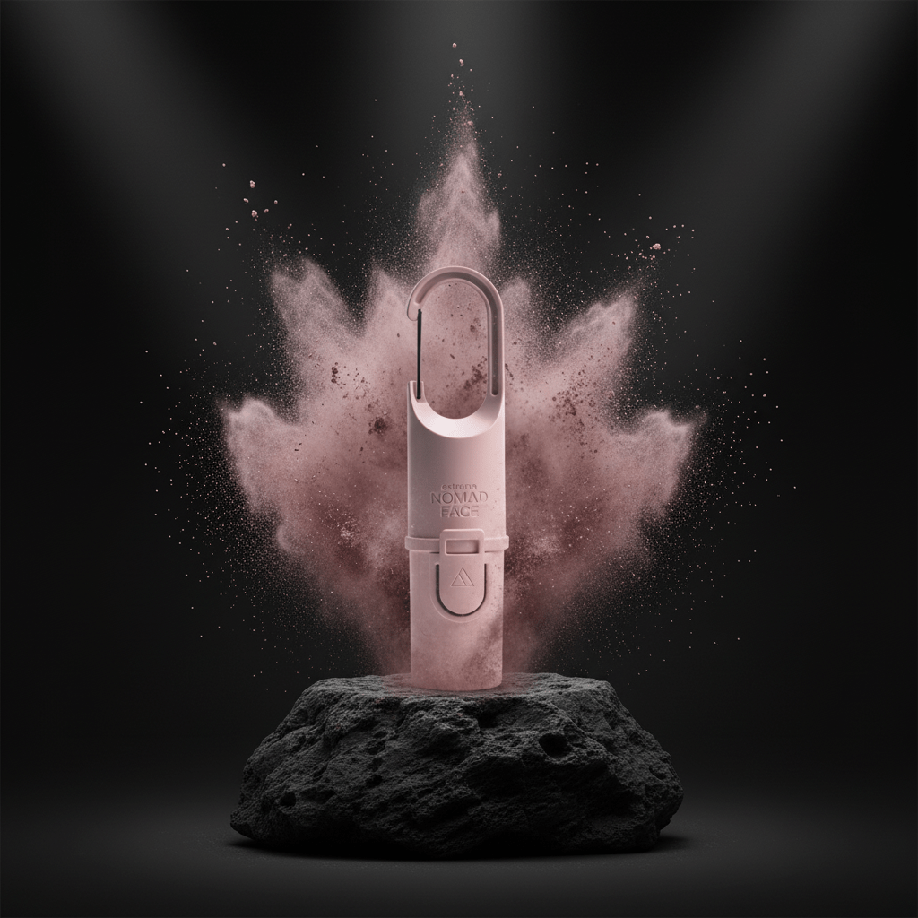 "Protector solar Nomad Face Pink Quartz – envase resistente de diseño compacto, ideal para actividades outdoor y deportivas."