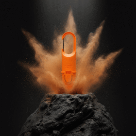 "Nomad Face Bunker Orange Tiger – envase resistente con clip mosquetón, diseñado para deportes de montaña y aventura."