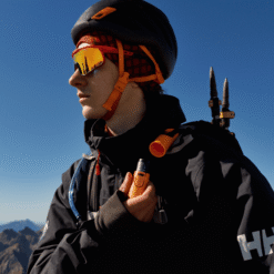 "Bunker Nomad Face Orange Tiger – protector solar extremo SPF50+ usado por alpinista en alta montaña, resistente al frío y viento."