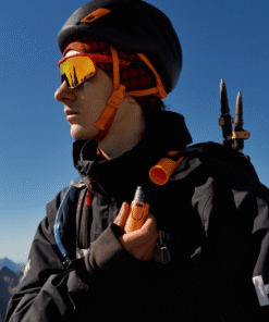 "Bunker Nomad Face Orange Tiger – protector solar extremo SPF50+ usado por alpinista en alta montaña, resistente al frío y viento."